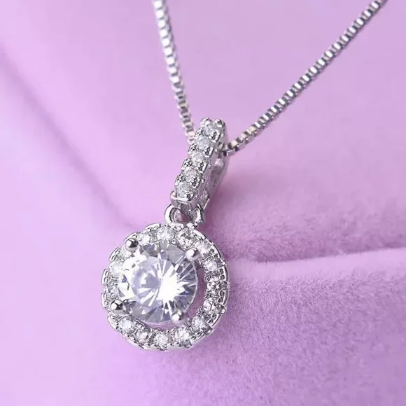 14k Gold 1ct. Lab Diamond Halo Necklace Italy Sterling Silver